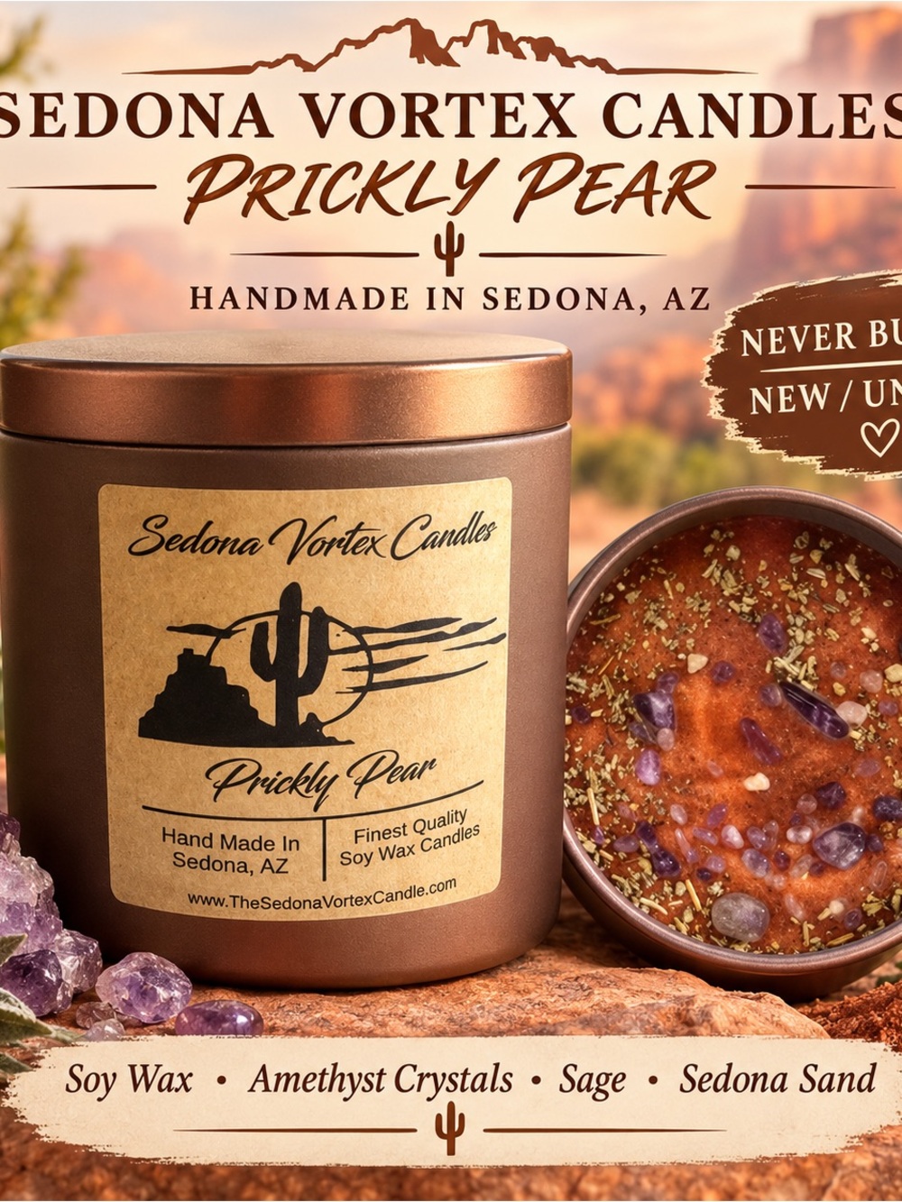 Sedona Vortex Candles Prickly Pear Soy Candle with Crystals New Never Used